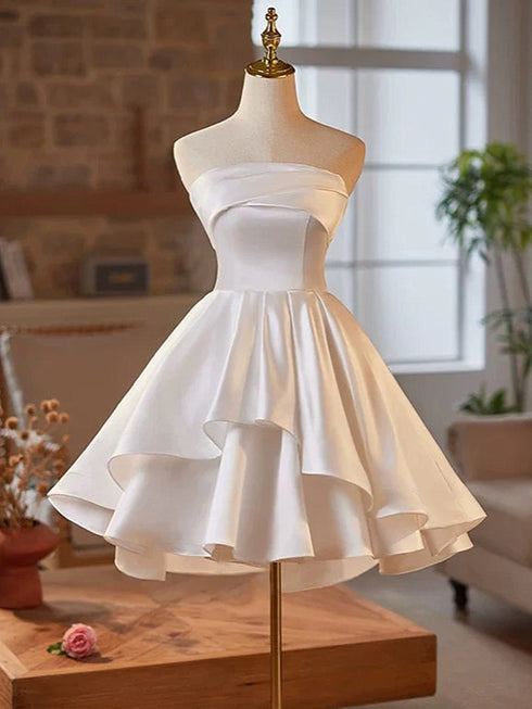 White Satin High Low Scoop Graduation Dress, White Satin Party Dress Formal Dress